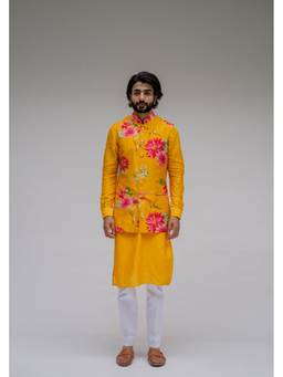 Chrkha - Bagh Yellow Printed Kurta with Pant and Nehru Jacket
