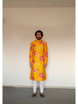 Chrkha - Bagh Yellow Printed Kurta with Pant and Sherwani