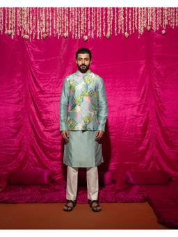Chrkha - Bhado Green Kurta with Pant and Nehru Jacket