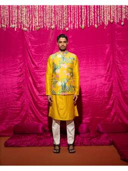 Chrkha - Bhado Yellow Kurta with Dhoti and Nehru Jacket