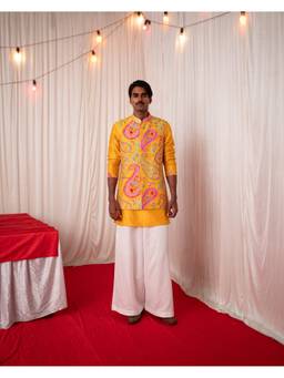 Chrkha - Mehfil Yellow Kurta With Pant And Nehru Jacket