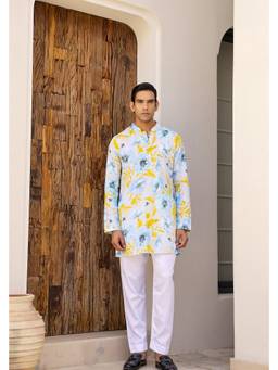 Chrkha - Garden Blue Short Printed Kurta with Pant