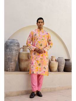 Chrkha - Garden Men - Pink Printed Kurta With Pant