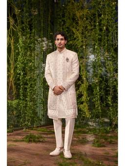 Jigar and Nikita - Naksh- The Ivory Tapestry Sherwani and Kurta with Trouser and Dupatta