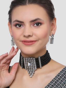 Karatcart - Silver Plated Black Beaded Choker Necklace Set for Women