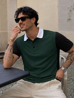 RIGO - Men Green Colourblock Half Sleeve Cotton Polo T-Shirt