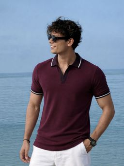 RIGO - Men Solid Wine Tipping Collar Regular Fit Half Sleeve Cotton Polo T-Shirt