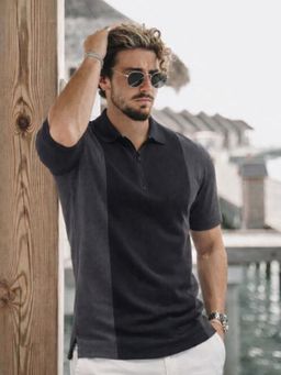 RIGO - Men Black Polo Collar Colourblocked Cotton Half Sleeve Zipper Polo T-Shirt