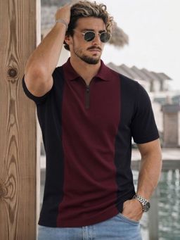 RIGO - Men Wine Polo Collar Colourblocked Cotton Half Sleeve Zipper Polo T-Shirt
