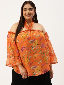 theRebelinme - Womens Orange andGreen Floral Print Georgette Top