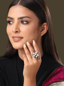 VIRAASI - Pearl Beaded Adjustable Oxidised Finger Ring