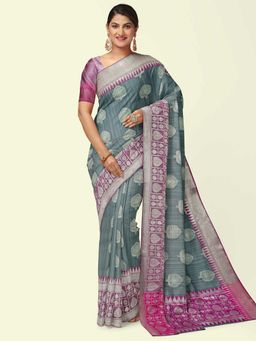 Banarasi Silk Works - Grey Matka Woven Saree with Unstitched Blouse