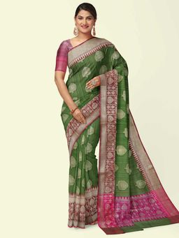 Banarasi Silk Works - Green Matka Woven Saree with Unstitched Blouse