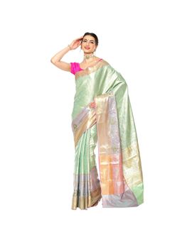 Banarasi Silk Works - Green Silver Zari Kanchi Silk Tanchoi Meena Saree with Unstitched Blouse