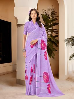 Garden VARELI - Women's Purple Chiffon Floral Print Saree with Unstitched Blouse with Unstitched