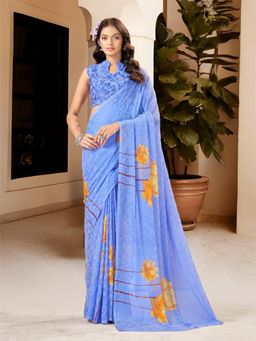 Garden VARELI - Women's Purple Chiffon Floral Print Saree with Unstitched Blouse with Unstitched