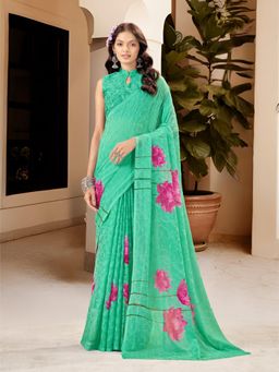 Garden VARELI - Women's Green Chiffon Floral Print Saree with Unstitched Blouse with Unstitched