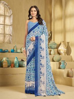 Garden VARELI - Women's Blue Georgette Floral Print Saree with Unstitched Blouse with Unstitched