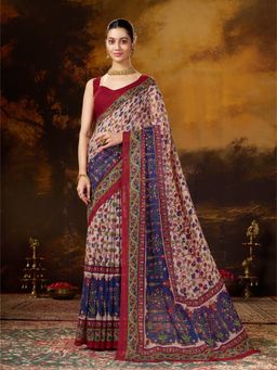Garden VARELI - Women's Red Linen Blend Kalamkari Printed Saree with Unstitched Blouse with Unstitched