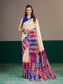 Garden VARELI - Women's Cream Art Silk Floral Print Saree with Unstitched Blouse with Unstitched