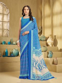 Garden VARELI - Women's Blue Georgette Floral Print Saree with Unstitched Blouse with Unstitched