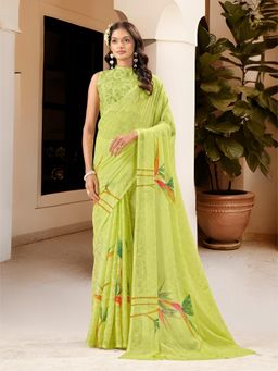 Garden VARELI - Women's Green Chiffon Floral Print Saree with Unstitched Blouse with Unstitched