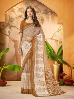 Garden VARELI - Women's Mustard Georgette Striped Saree with Unstitched Blouse with Unstitched
