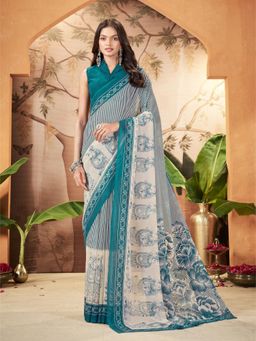Garden VARELI - Women's Teal Georgette Striped Saree with Unstitched Blouse with Unstitched