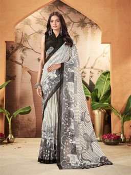 Garden VARELI - Women's Black Georgette Striped Saree with Unstitched Blouse with Unstitched