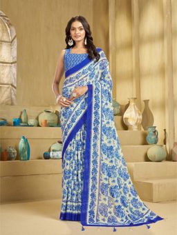 Garden VARELI - Women's Blue Georgette Floral Print Saree with Unstitched Blouse with Unstitched