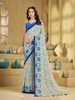 Garden VARELI - Women's Blue Georgette Floral Print Saree with Unstitched Blouse with Unstitched