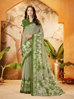 Garden VARELI - Women's Green Georgette Striped Saree with Unstitched Blouse with Unstitched