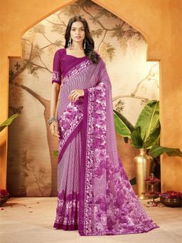 Garden VARELI - Women's Purple Georgette Striped Saree with Unstitched Blouse with Unstitched