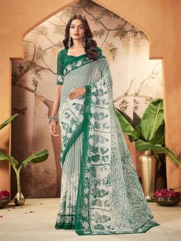 Garden VARELI - Women's Green Georgette Striped Saree with Unstitched Blouse with Unstitched