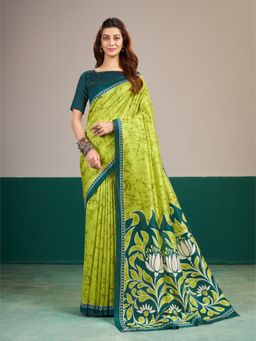Garden VARELI - Women's Green Art Silk Floral Print Saree with Unstitched Blouse with Unstitched