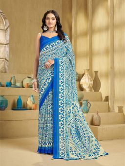 Garden VARELI - Women's Blue Georgette Floral Print Saree with Unstitched Blouse with Unstitched