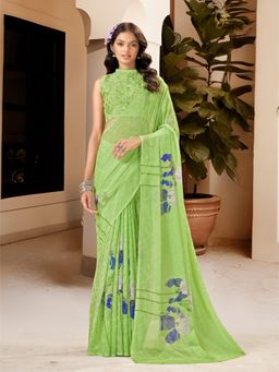 Garden VARELI - Women's Green Chiffon Floral Print Saree with Unstitched Blouse with Unstitched