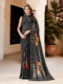 Garden VARELI - Women's Black Chiffon Floral Print Saree with Unstitched Blouse with Unstitched