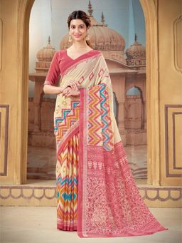 Garden VARELI - Women's Pink Linen Blend Geometric Print Saree with Unstitched Blouse with Unstitched