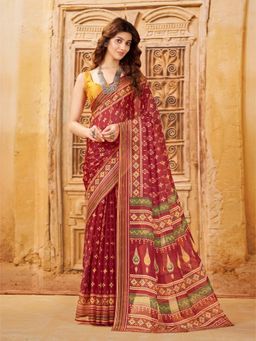Garden VARELI - Women's Maroon Chiffon Ikat Print Saree with Unstitched Blouse with Unstitched