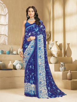 Garden VARELI - Women's Navy Blue Georgette Floral Print Saree with Unstitched Blouse with Unstitched