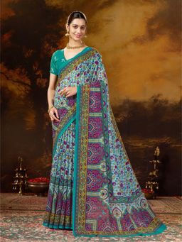 Garden VARELI - Women's Teal Blend Kalamkari Printed Saree with Unstitched Blouse with Unstitched