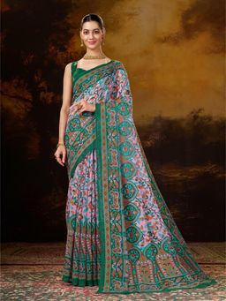 Garden VARELI - Women's Pink Blend Kalamkari Printed Saree with Unstitched Blouse with Unstitched