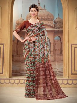 Garden VARELI - Women's Brown Linen Blend Geometric Print Saree with Unstitched Blouse with Unstitched