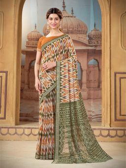 Garden VARELI - Women's Green Linen Blend Ikat Print Saree with Unstitched Blouse with Unstitched