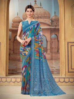 Garden VARELI - Women's Teal Linen Blend Ikat Print Saree with Unstitched Blouse with Unstitched