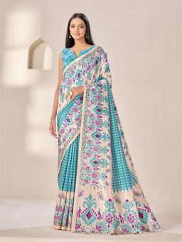 Garden VARELI - Women's Turquoise Art Silk Checked Saree with Unstitched Blouse with Unstitched