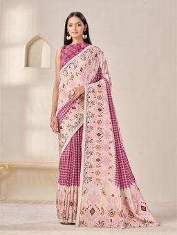 Garden VARELI - Women's Pink Art Silk Checked Saree with Unstitched Blouse with Unstitched