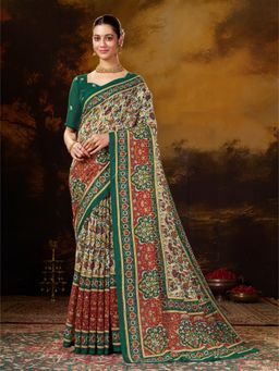 Garden VARELI - Women's Green Blend Kalamkari Printed Saree with Unstitched Blouse with Unstitched