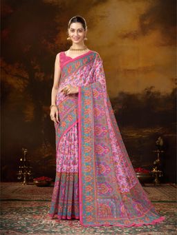 Garden VARELI - Women's Pink Blend Kalamkari Printed Saree with Unstitched Blouse with Unstitched